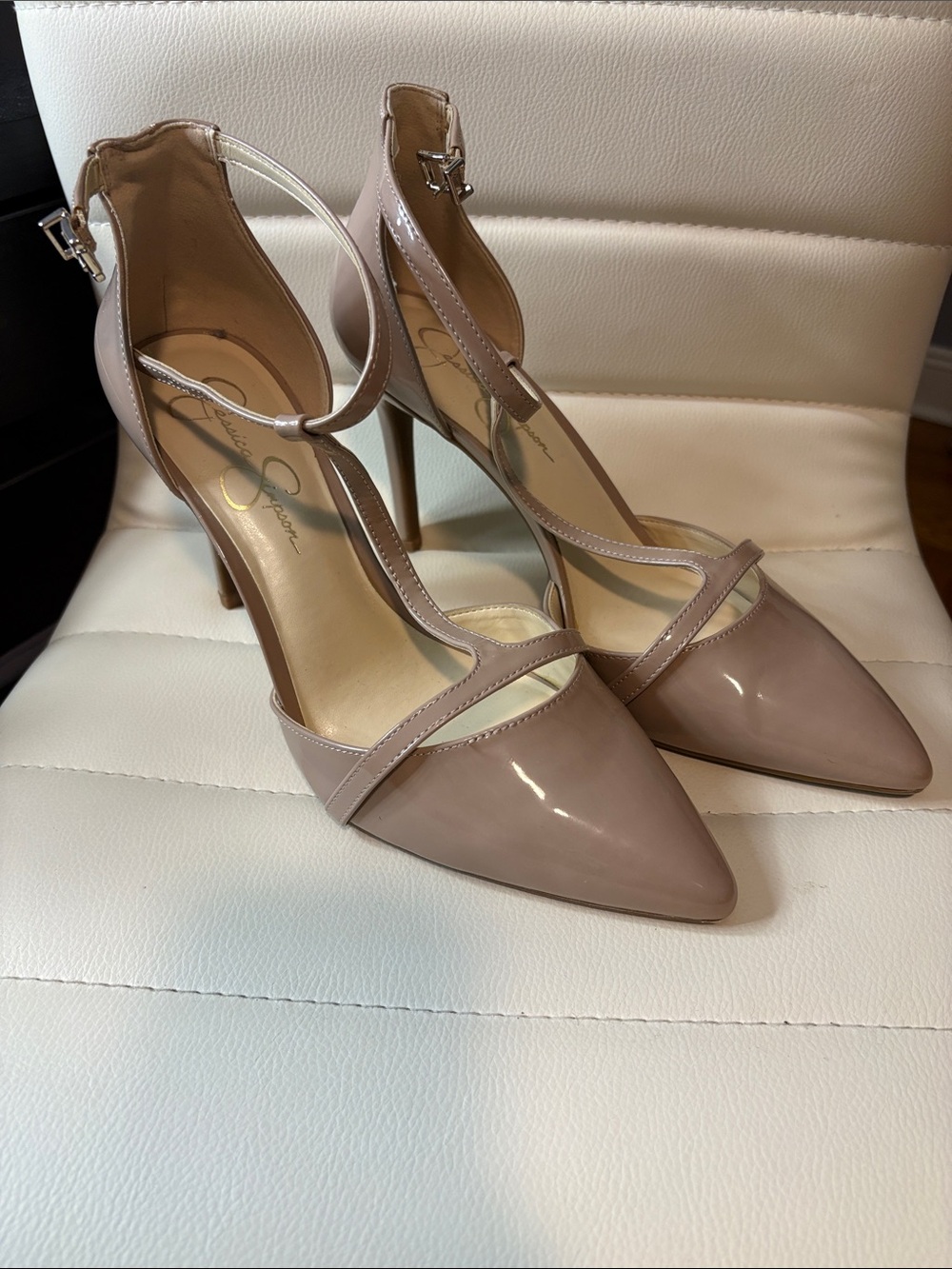 Jessica Simpson Blush Patent Pointed-Toe Ankle-Strap Pumps